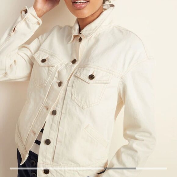 Old Navy White Cotton Denim Trucker Long Sleeve Jean Jacket L - Picture 8 of 11